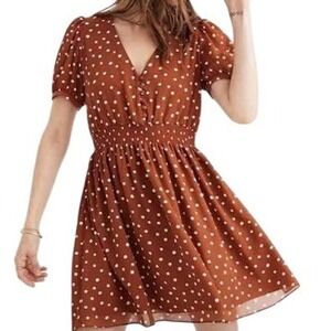 Madewell White Polka Dot Smocked Mini Dress Rust Brown XL Button Front V Neck